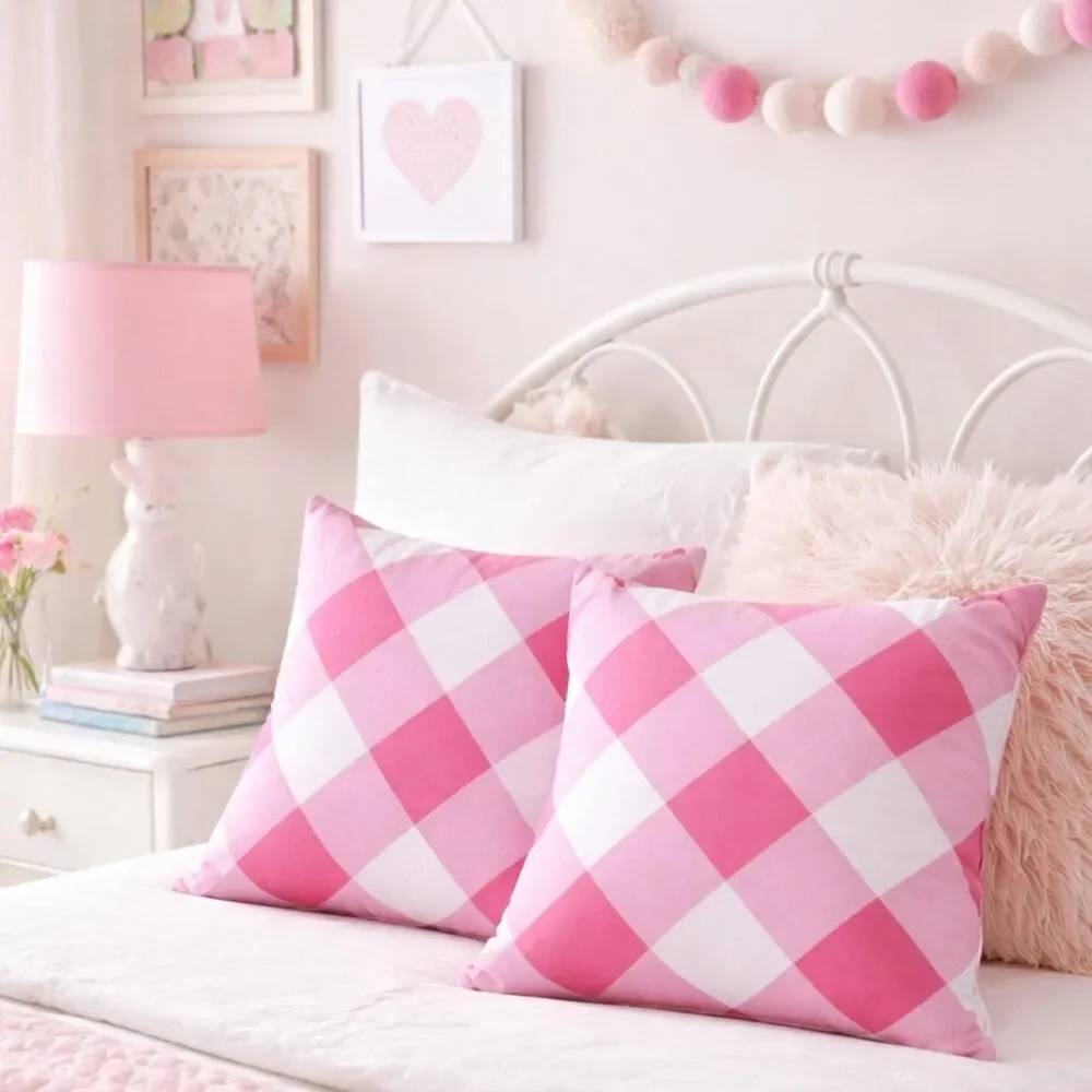 🆕 NWT PB Kids Pink Gingham Plaid Pillow cover Buffalo Check Square Pillow Cases
